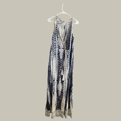 Venus Womens XL Blue White Tie Dye Maxi Dress Boho Tassel Halter V-Neck 60in L