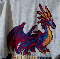 Rainbow Dragon upcycled dress patchwork OOAK 1XL- 2XL (chest 52&Prime;) cross-stitch