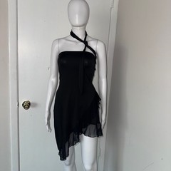 Micas Black Asymmetrical Halter Mini Dress Ruffle Mesh Hem Tube Top Style New L