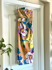 Anthropologie Maeve Strapless Floral Belted Botanical Print Midi Dress Sz S