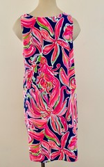 LILLY PULITZER JACKIE SHIFT Sz Small Resort Navy Banana Flambe&rsquo; 100% Silk Dress