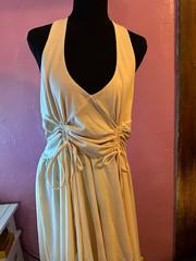 Beige Solid V-Neck Halter Ruched Beaded Handkerchief Hem Midi Dress, XL