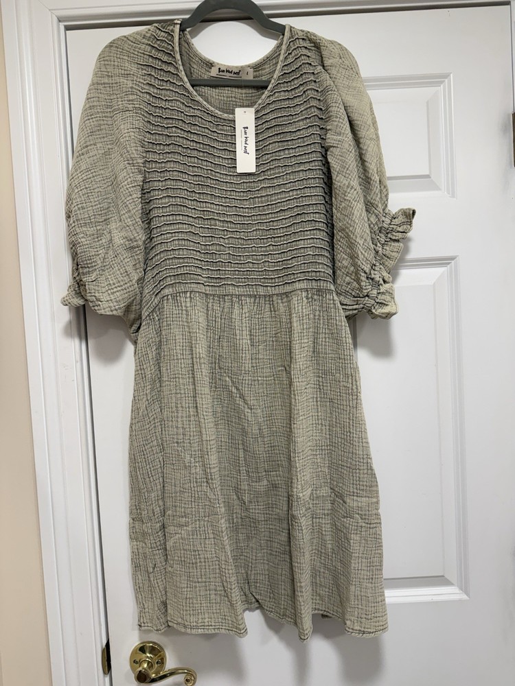 NWT Three Bird Nest Quinn Boho Pintuck Bodice Puff Sleeve Dress Large Ash Gray