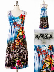 Spy Zone Exchange Dress S Blue Floral Tie Dye Racerback Rhinestone Embellished