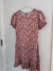 Mi Ami Small Pink Peach Blue Flowers Puff Sleeve Ruffle Bottom Zipper Key Hole