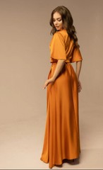 musturd rod satin silk wrape maxi dress for women flared sleeve v neckline