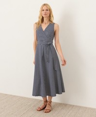 New PACT Organic Fit & Flare Easy V-Neck Dress – Hudson Stripe Navy Blue Size XL