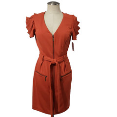 NWT Jessica Simpson Dress Pleated Sleeve Belted Rusty Orange Pockets Front Zip 6