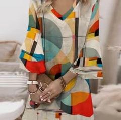 NEW Geometric Shift Dress V-Neck XS Multicolor Polyester 3/4 Ruffle Sleeve