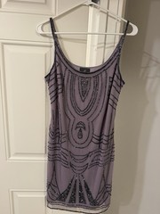Adrianna Papell Purple Beaded Mesh Sheath Short Dress Scoop Neck Lined 8