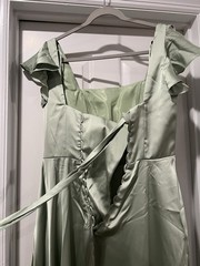 Light Green Satin Square Neck Ruffle Sleeve Floor Length Gown with Slit
