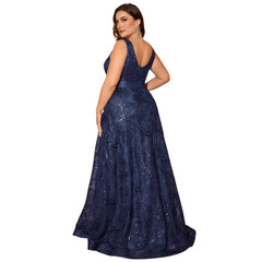 Plus Size Luxury Deep V neck Sequin Evening Dress Elegant V back Long Formal