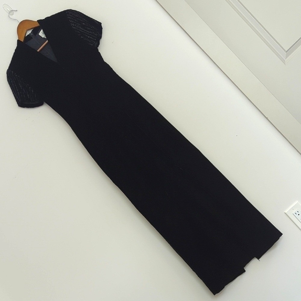 Rimini By Shaw Black Velvet Beaded Sleeves Maxi Dress Gown Formal 90s