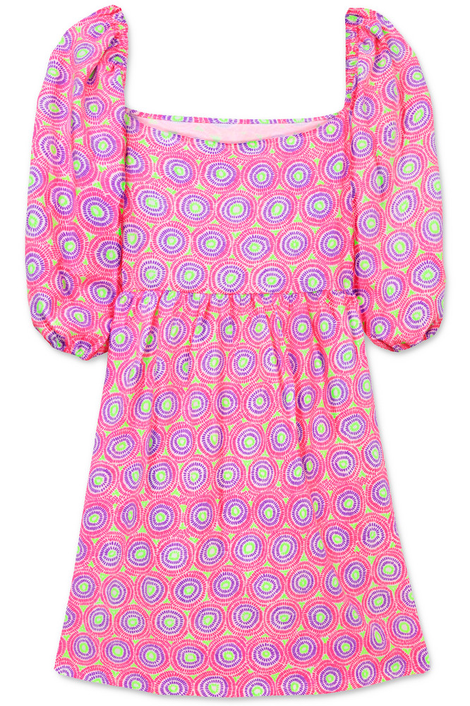 Women&rsquo;s Dress – Printed Sundress – Puff Sleeve Dress – Medium – Neon Pink