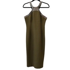 Michael Kors Olive Green Wool Blend Snakeskin Trim Halter Sheath Dress Size 6