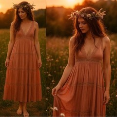 L Love Fairy Ethereal Cottagecore Peasant Bohemian Tiered Gauzy Maxi Dress M