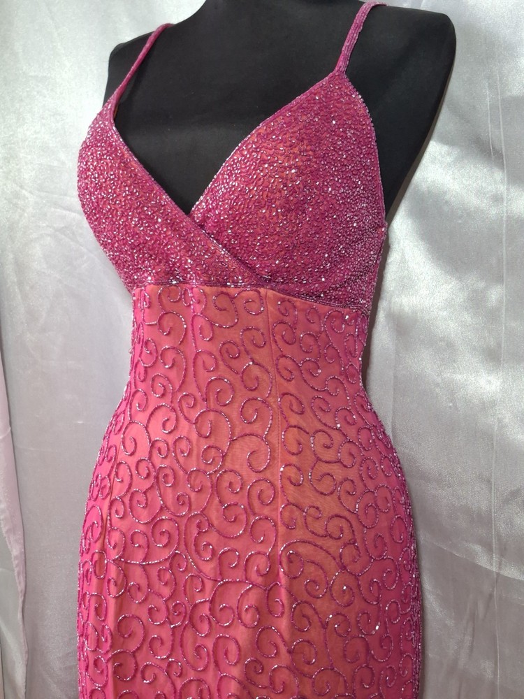 Y2K Prom Cachet Silk Fully Beaded Pink Dress Maxi Slit Gown 90s 2000s Deadstock