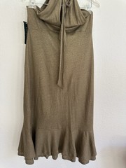 Lauren Ralph Lauren Olive Shimmer Halter Knit Linen Cotton Tie Ruffle Hem Knee M