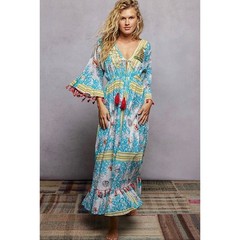 POL – Beach Inspired Pattern Ruffle Sleeve Tassel Maxi Dress – Large
