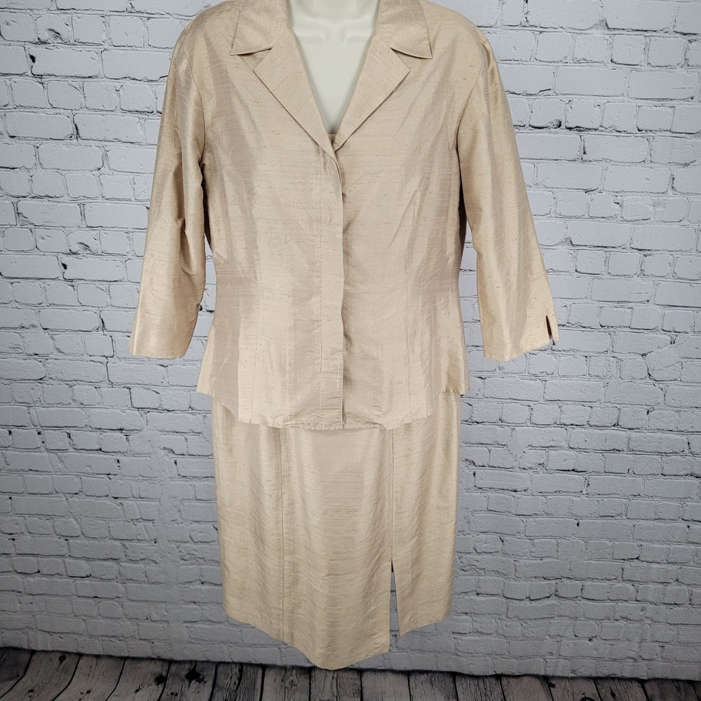 Finity Gold Beige 100% Silk Shirt Jacket & Dress Matching 2 Piece Set Size 8