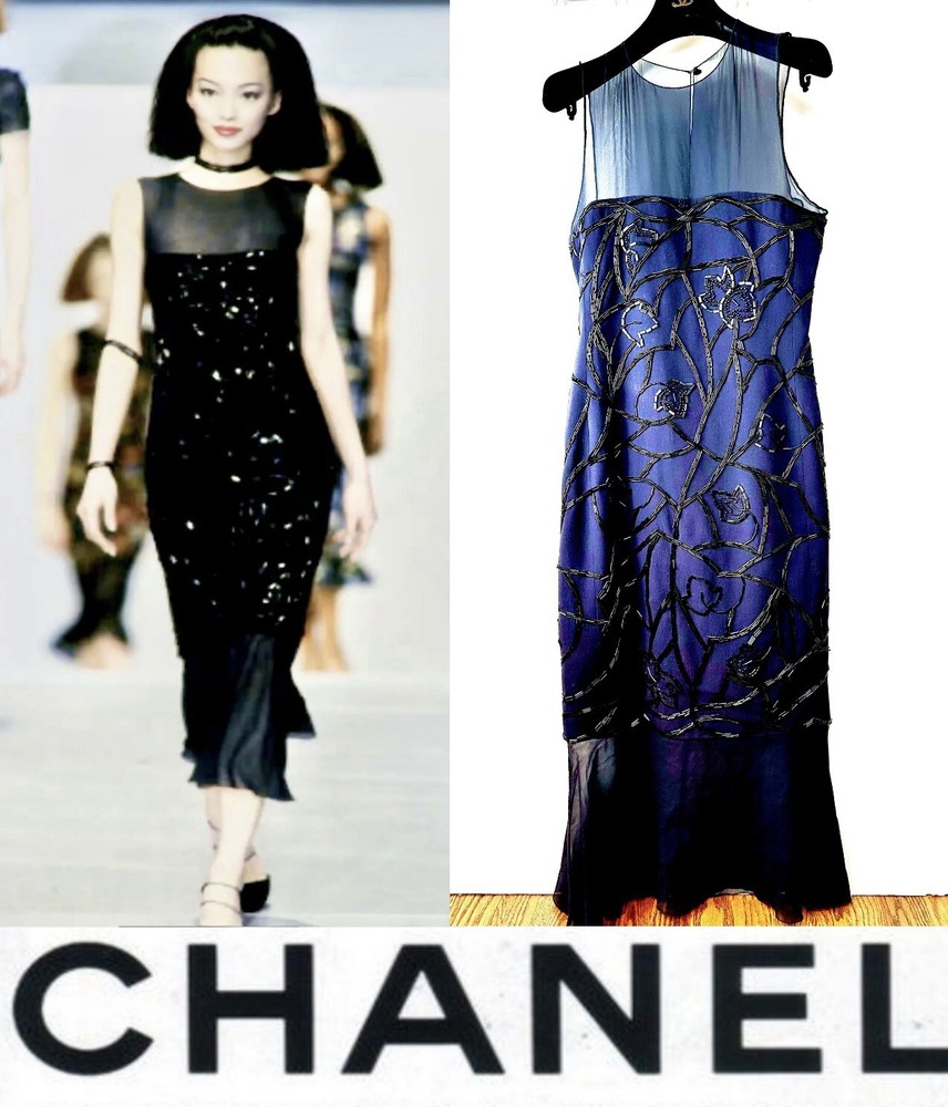 Chanel Vintage 1997 Black Bead Midi Dress Gown 34 36 38 2 4 6 Logo 90s Vtg S M