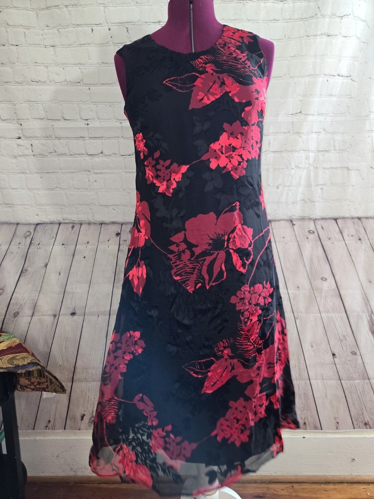NORM THOMPSON silk DRESS Sz 10 Red Black Floral burnout Lined Whimsygoth fairy