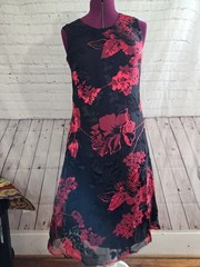 NORM THOMPSON silk DRESS Sz 10p Red Black Floral burnout Lined Whimsygoth fairy