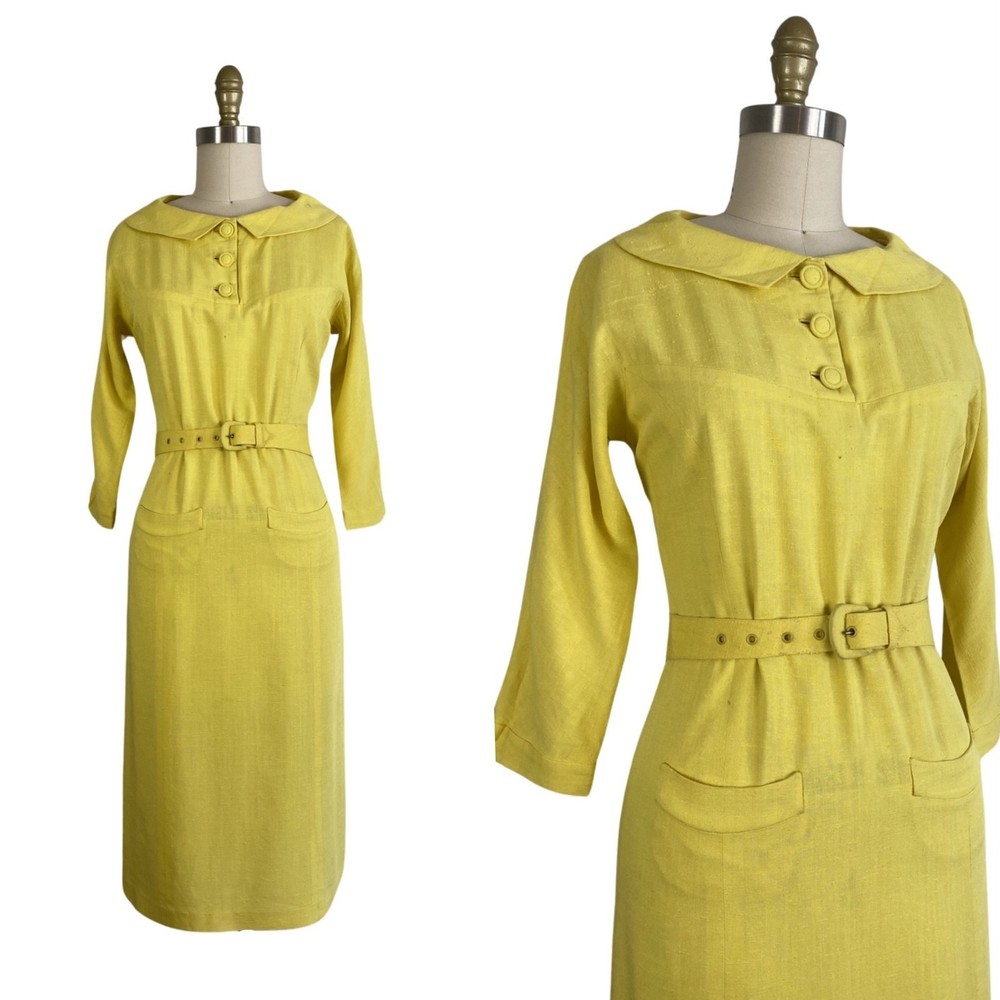 Vintage 1960’s Canary Yellow Rayon Sheath Dress w/ Matching Belt | Size S