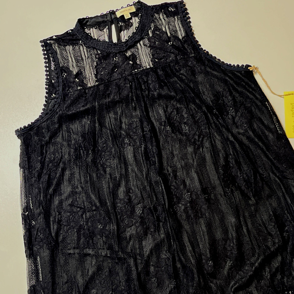 Paper+Tee Floral Lace Overlay Sleeveless Dress Size 2X Black Scallop Fringe NWT