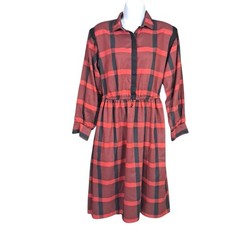Shapely Dress Co Red Black Plaid Button Down Shirt Dress Sz 10 Midi 80s Country