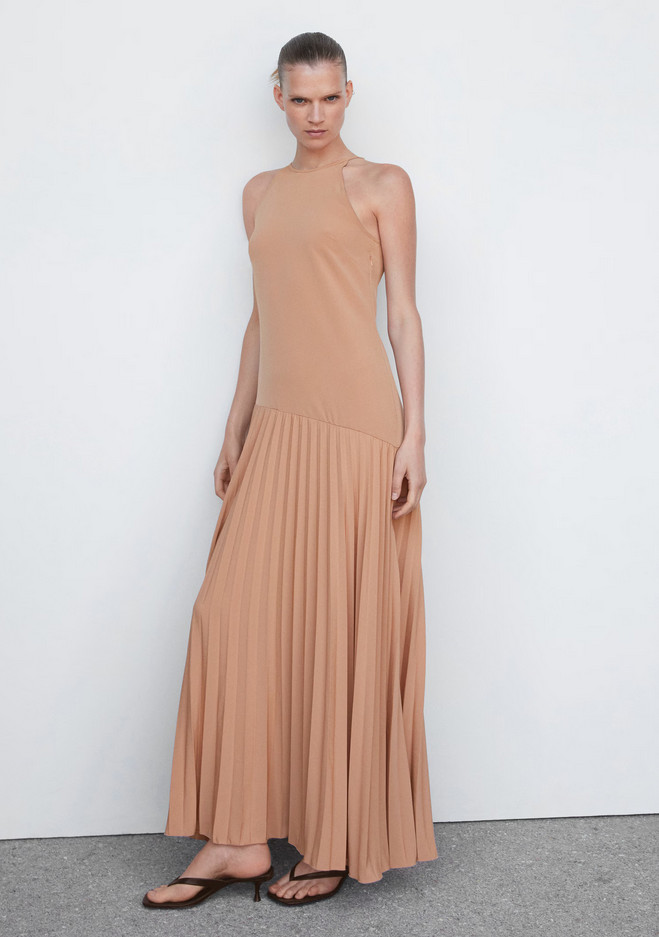 NWT MANGO MNG COFFEE PLEATED PANEL MAXI DRESS SZ S US 4