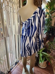 Women&rsquo;s Size L One Shoulder Blue White Mini Dress Lined Side Zipper