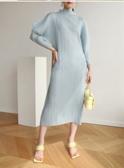 Autumn Spring New High End Pleated Casual Loose Half High Collar Batsleeve Dress