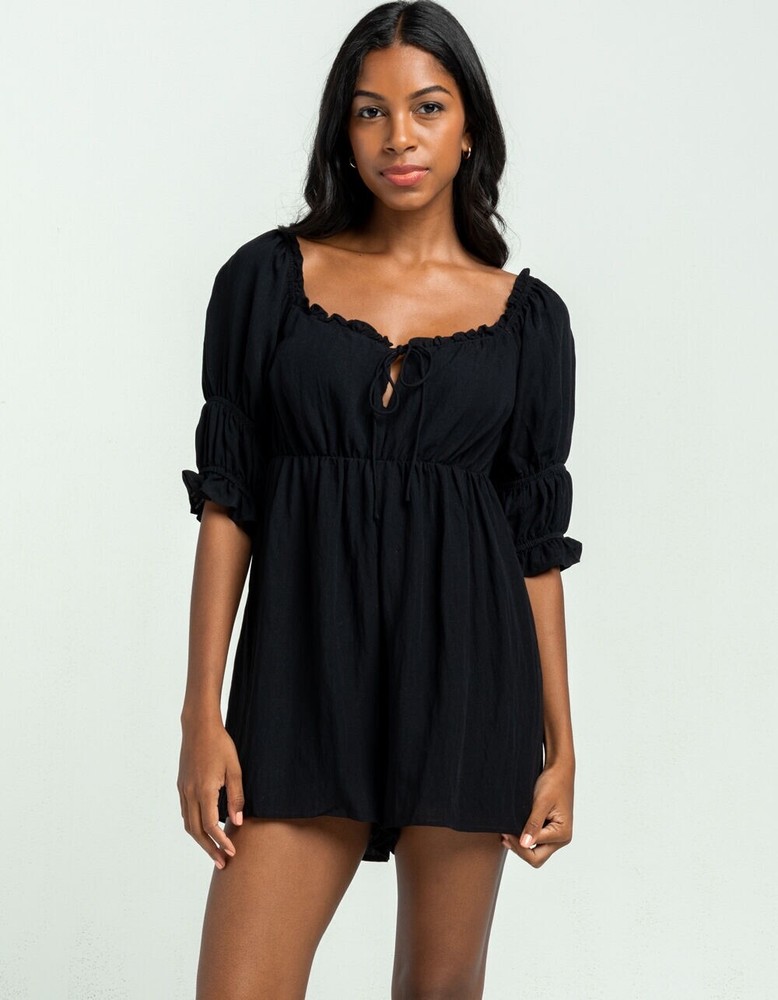 Le Lis Collection Women’s Puff Sleeve Romper in Black, Size Large, New