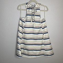 NWT MOON RIVER Small Dress High Neck Beige Blue Red White Stripes Lace Up Back