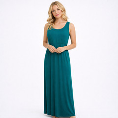 Teal Sleeveless Maxi Tank Dress Womens L Pockets Scoop Neck Jersey Boho Coastal