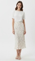 H&M Ivory Midi Skirt with Red and Green Floral Print, Size S