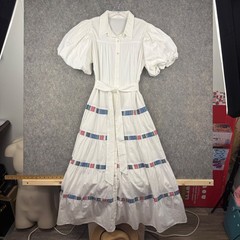 CES Femme A-Line Button Up Maxi Dress Sash Tie White Pink Blue Stripe Large 703