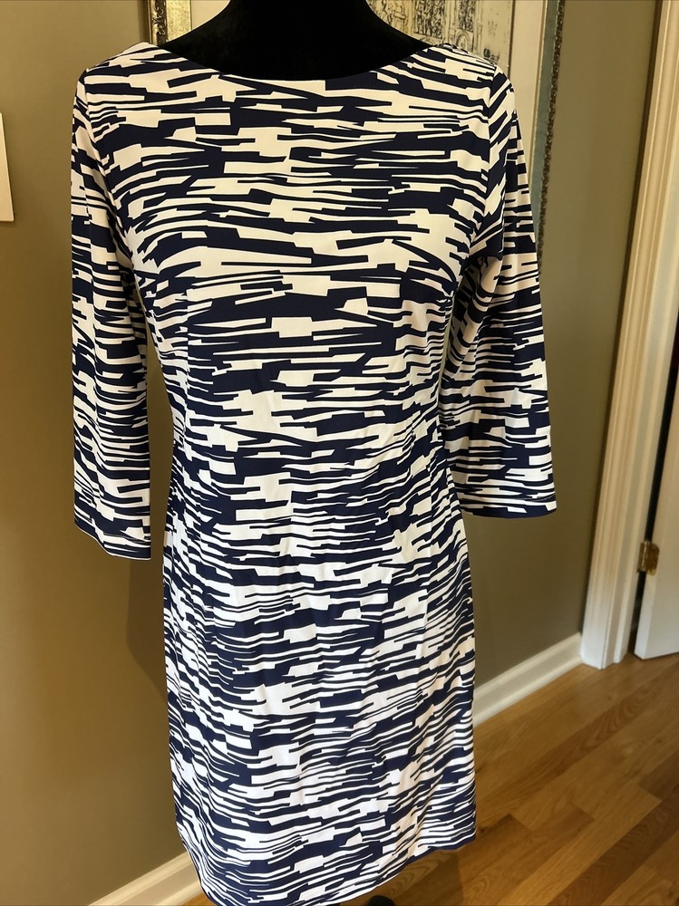 Britt Navy Blue White Catalina cloth knit Dress XS 3/4 slv button back neck New