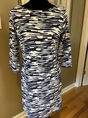 Britt Navy Blue White Catalina cloth knit Dress XS 3/4 slv button back neck New