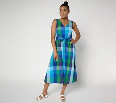 Isaac Mizrahi Live! Regular Madras Plaid Midi Dress w/ Self, Blue Sz M a713411