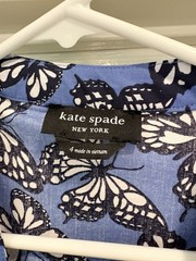 Kate Spade Poplin Bow Butterfly Print Dress Blue V-Neck Midi Cotton Sz 4 EUC