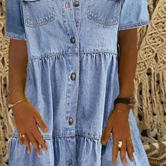 Retro Women Dresses 2022 Short Sleeve Turn Down Collar Pockets Button Long Loose