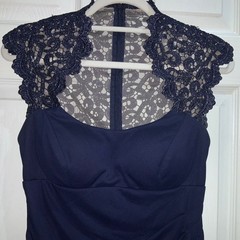 Xscape navy blue cocktail midi dress Sz 6 lace top ruched skirt