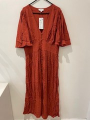 La Redoute Flutter Sleeve Dress Size 16 Midi Buttoned Front Rust Orange