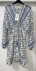 ZARA ECRU BLUE METALLIC THREADS PRINTED SHORT TUNIC DRESS WITH TASSELS SIZE S