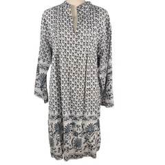 Madison Mathews Blue Block Print Cotton Tunic Dress XL Lined Coastal Boho
