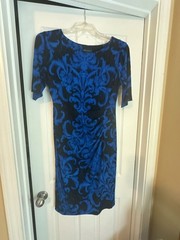 Connected Apparel Blue and Black Damask Ruched Sheath Dress