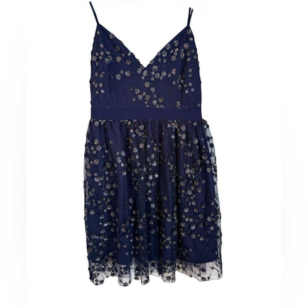 Chérie LA Navy Embroidered Sequin Tulle Dress L