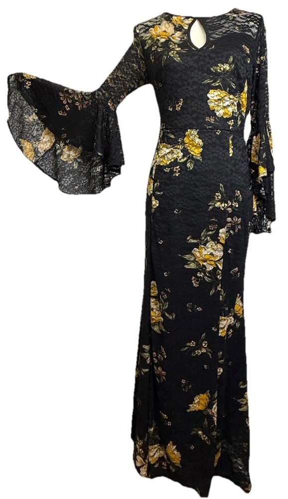 Women’s Whimsigoth Black Floral Lace Sheer Sleeve Long Mermaid Dress Witchy Sz M